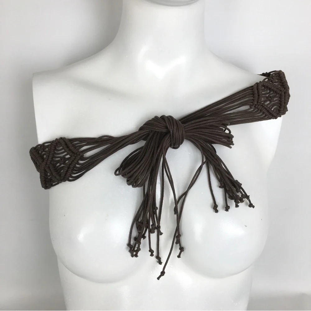 Women’s Boho Macrame Woven Fringe Statement Belt Tie Front Brown Coastal Cowgirl